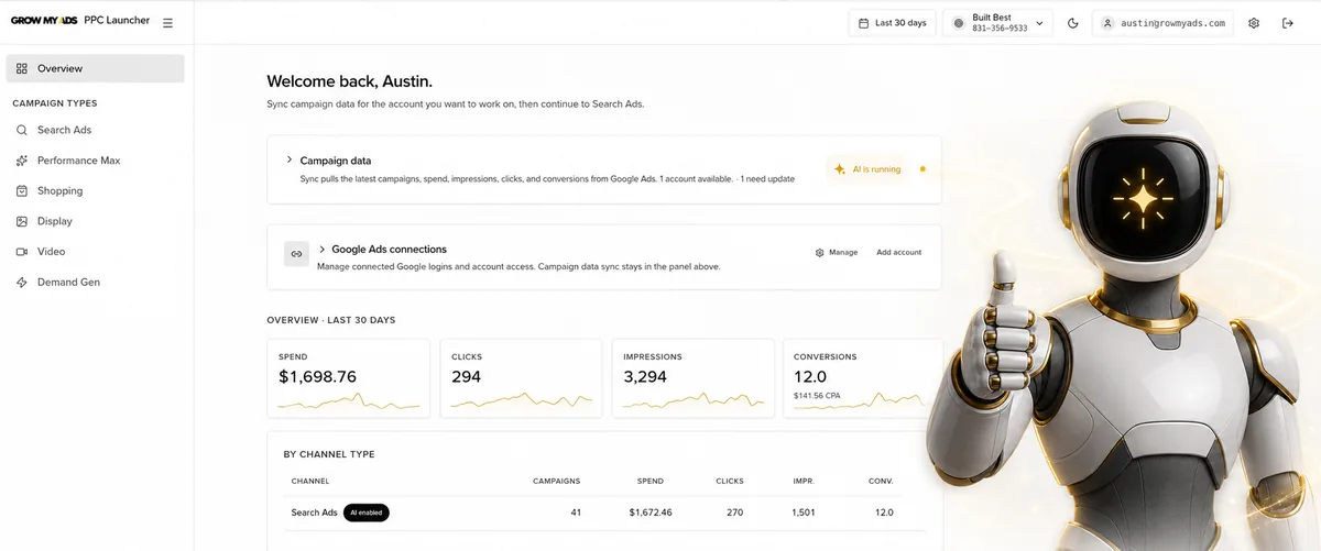 The Grow My Ads AI Campaign Builder dashboard