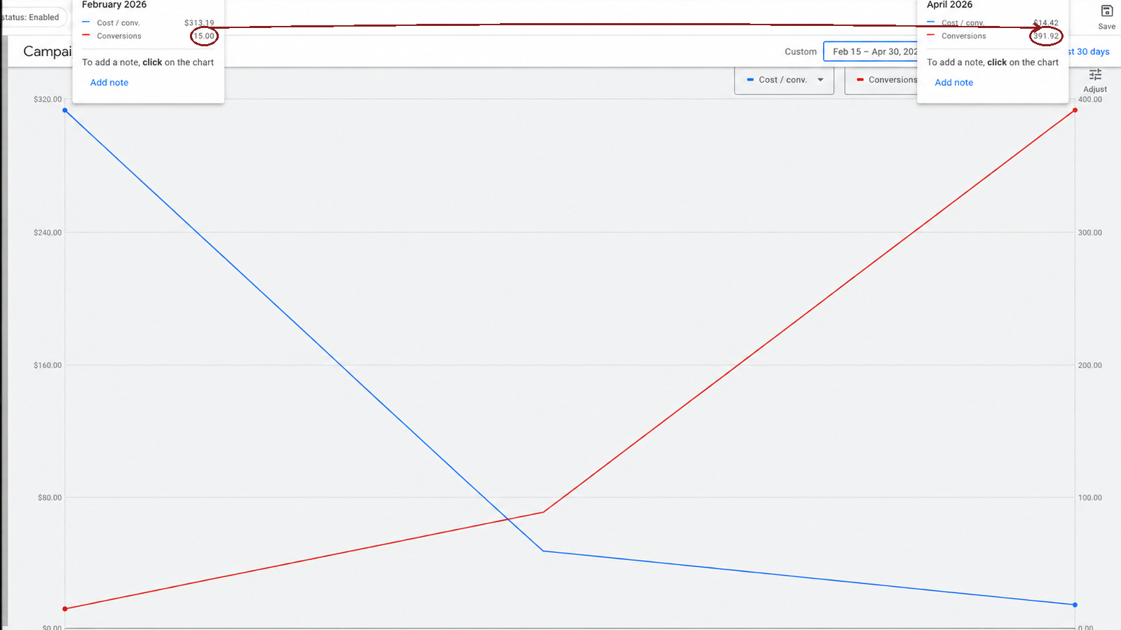 Google Ads chart showing conversions growing from 15 to 391.92 while cost per conversion dropped from $313.19 to $14.42