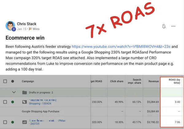 Chris Stack ecommerce win: 7x ROAS following the feeder strategy