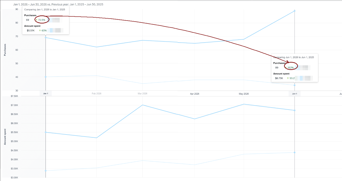 Google Ads chart showing purchases growing 72.5% and 162% year-over-year across two comparison windows