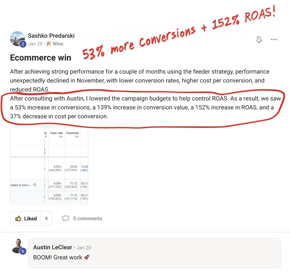 Sashko P. ecommerce win: +53% conversions and +152% ROAS using the feeder strategy